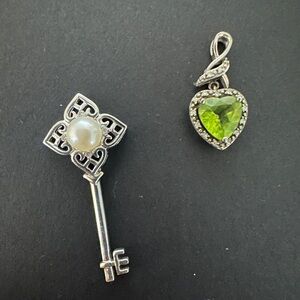 Silver Key and Peridot Heart Pendant Set